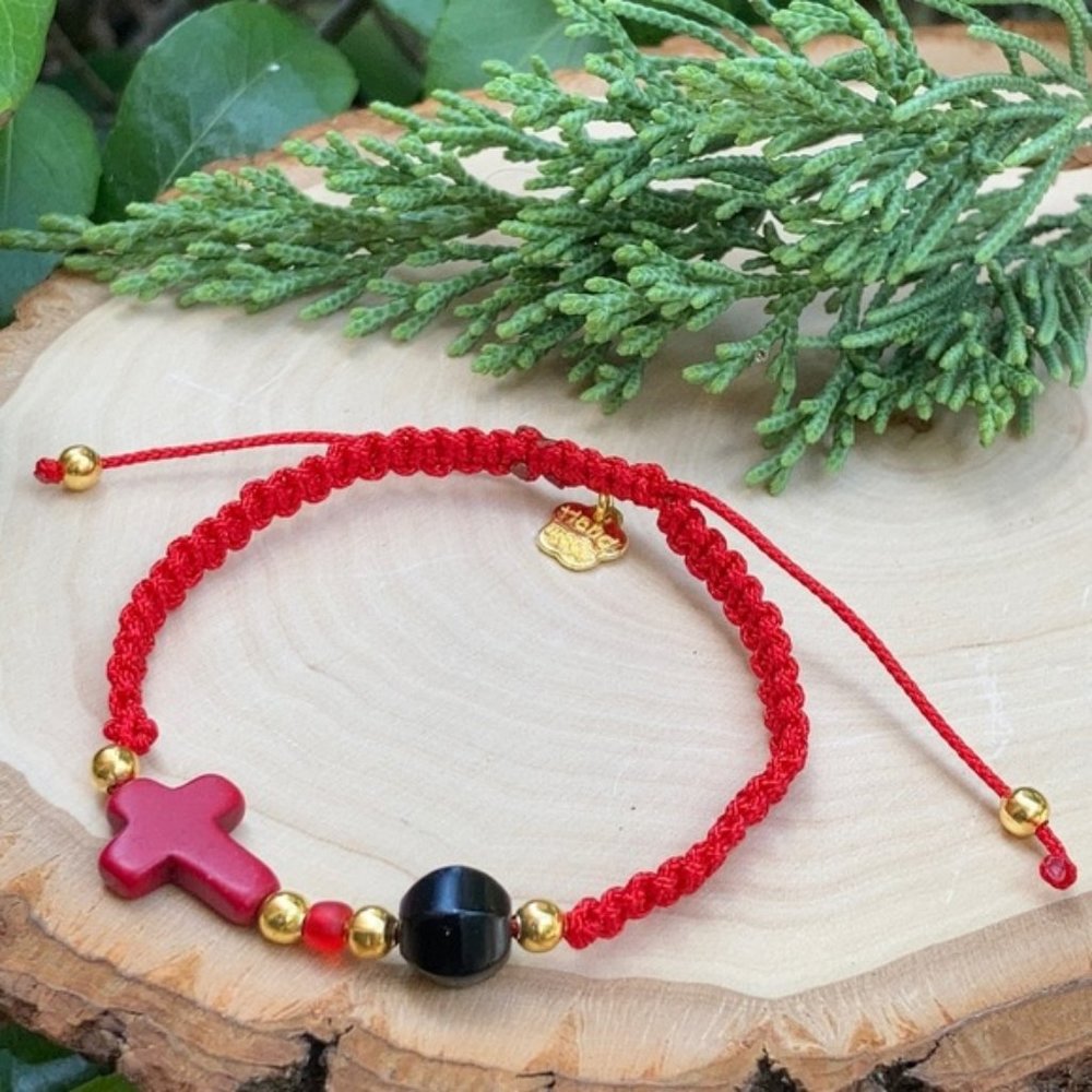 Obsidian macrame red protection bracelet